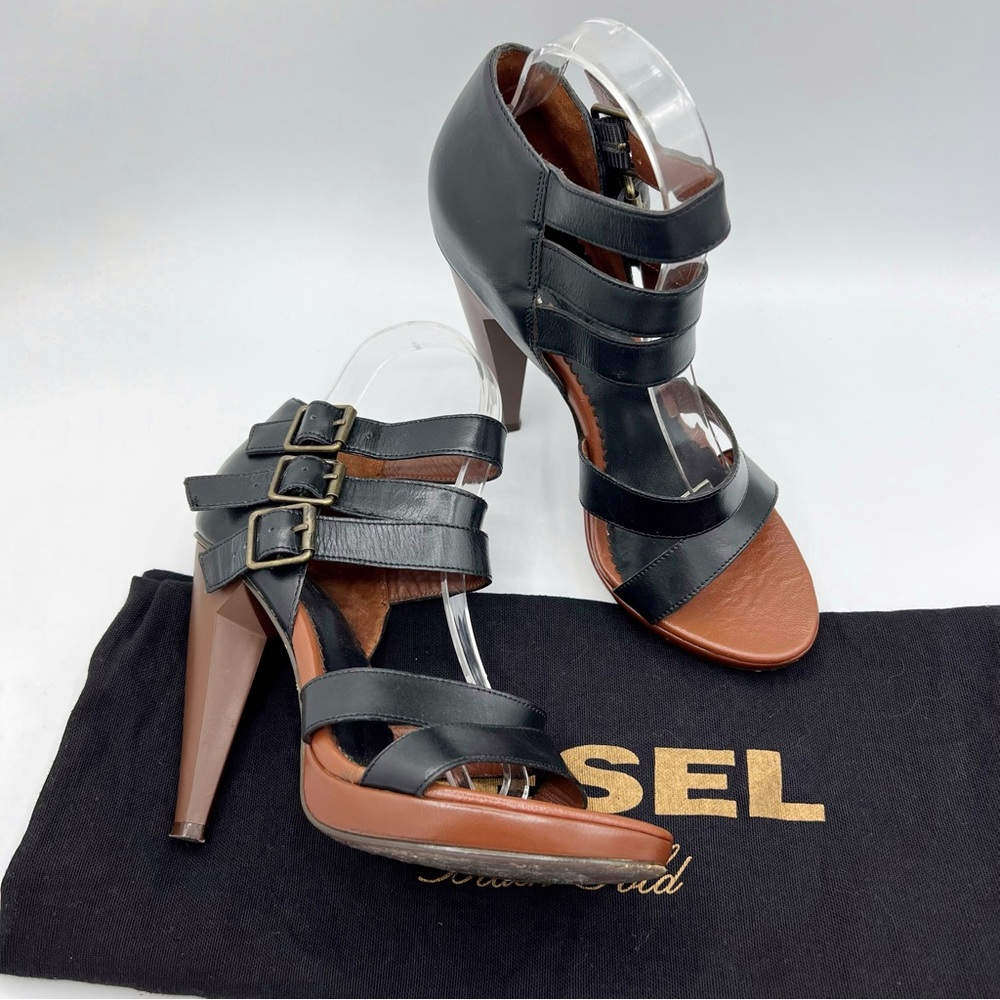 DIESEL Navajo Pocah Strappy Heel Sandals Size EU 38 US 7.5 Black & Brown Leather